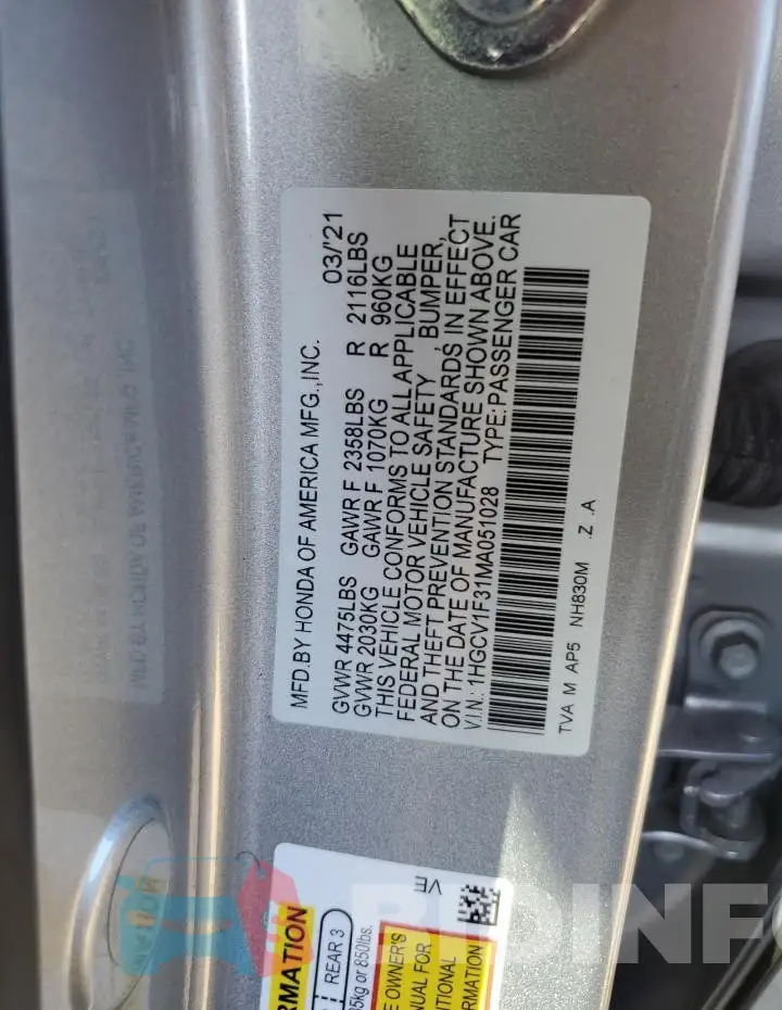 1HGCV1F31MA051028 Photo# 12