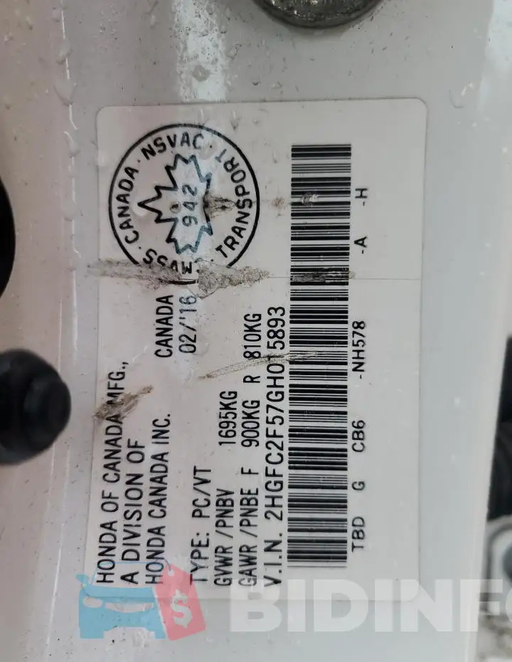 2HGFC2F57GH015893 Photo# 12