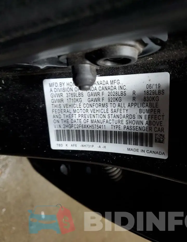 2HGFC2F6XKH575411 Photo# 12