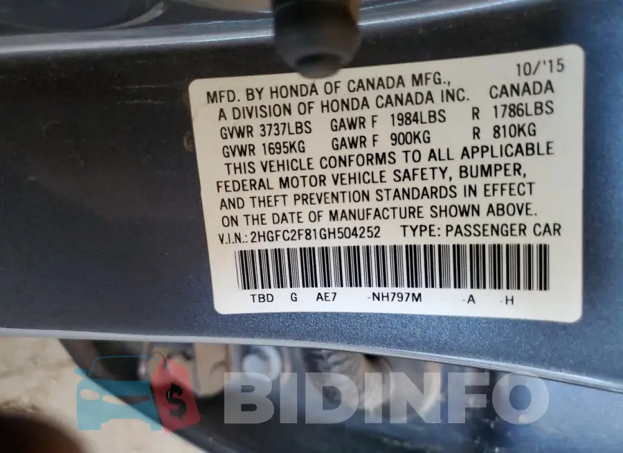 2HGFC2F81GH504252 Photo# 12
