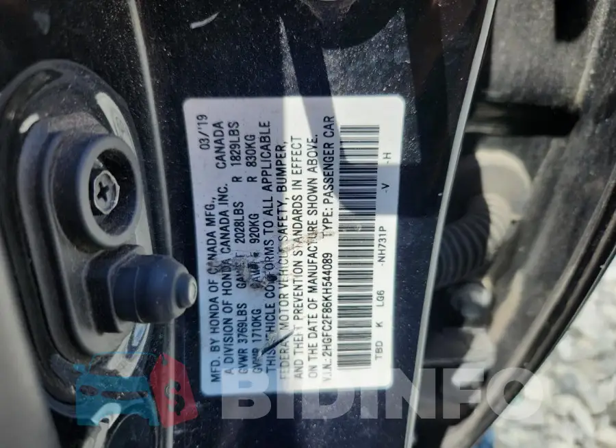 2HGFC2F86KH544089 Photo# 12