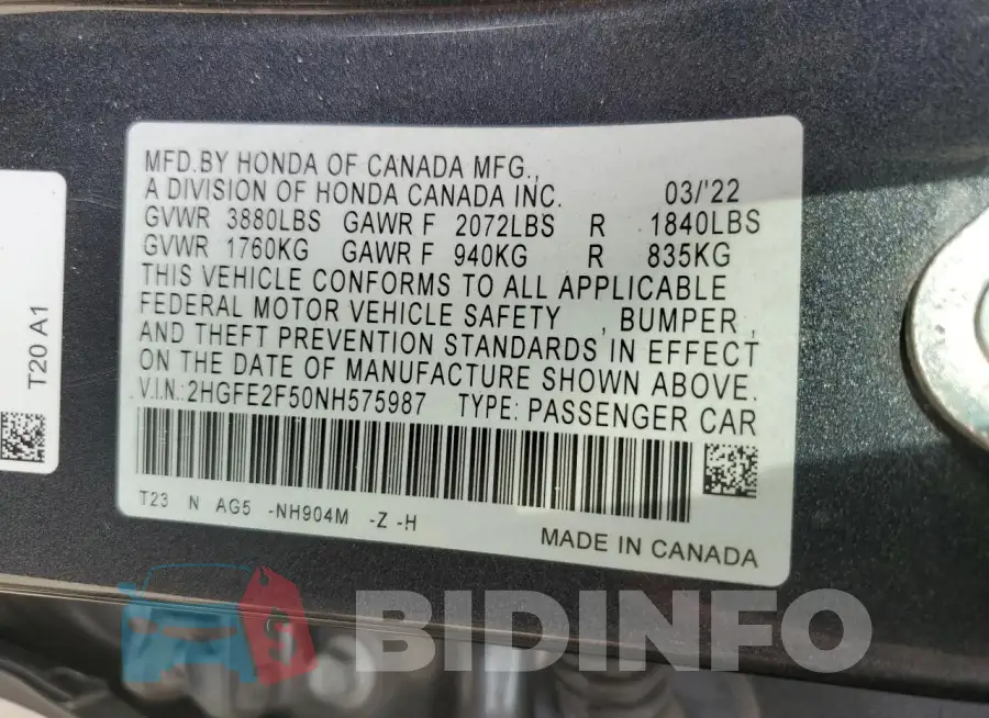 2HGFE2F50NH575987 Photo# 13