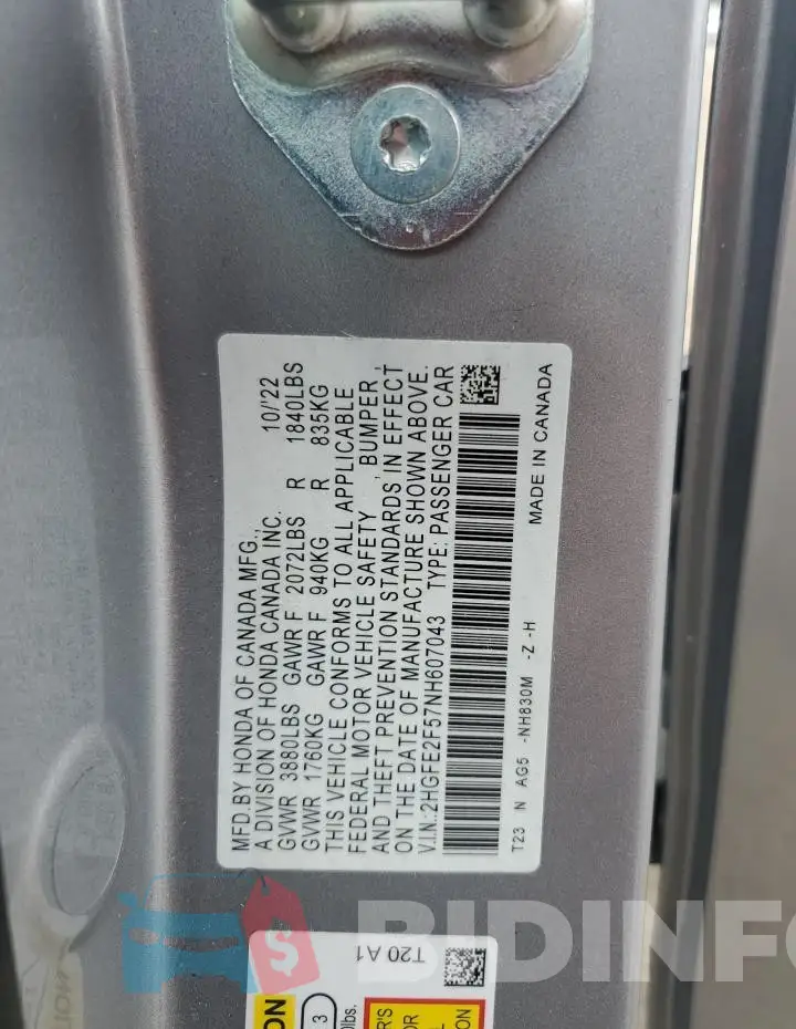 2HGFE2F57NH607043 Photo# 12