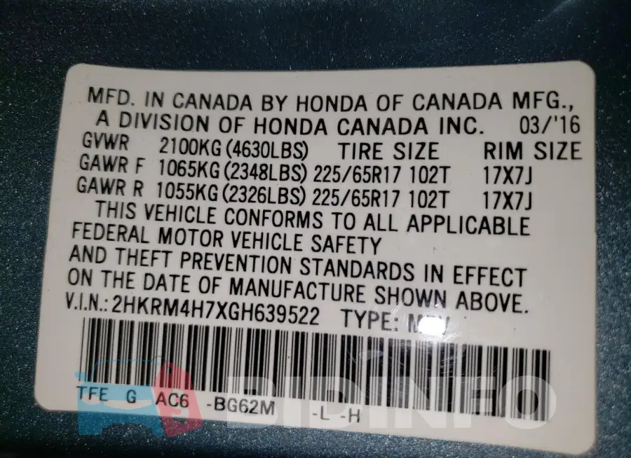 2HKRM4H7XGH639522 Photo# 13