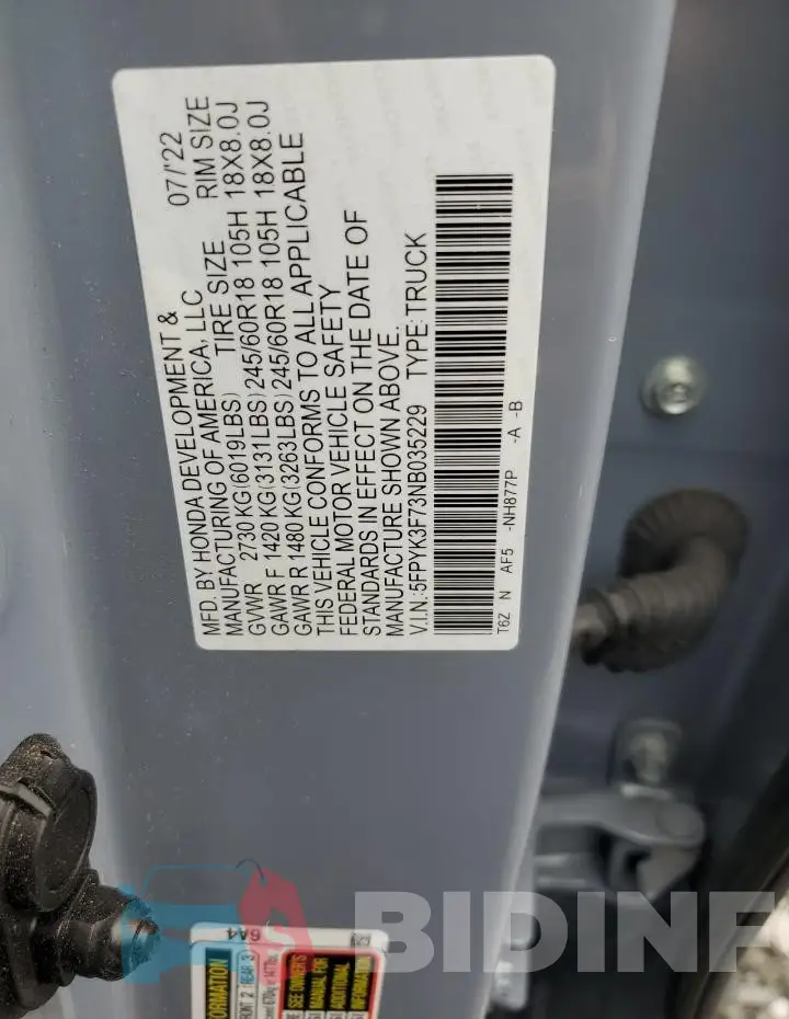 5FPYK3F73NB035229 Photo# 12