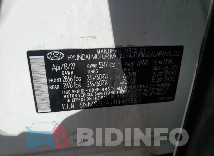 5NMS3DAJ4NH455312 Photo# 13