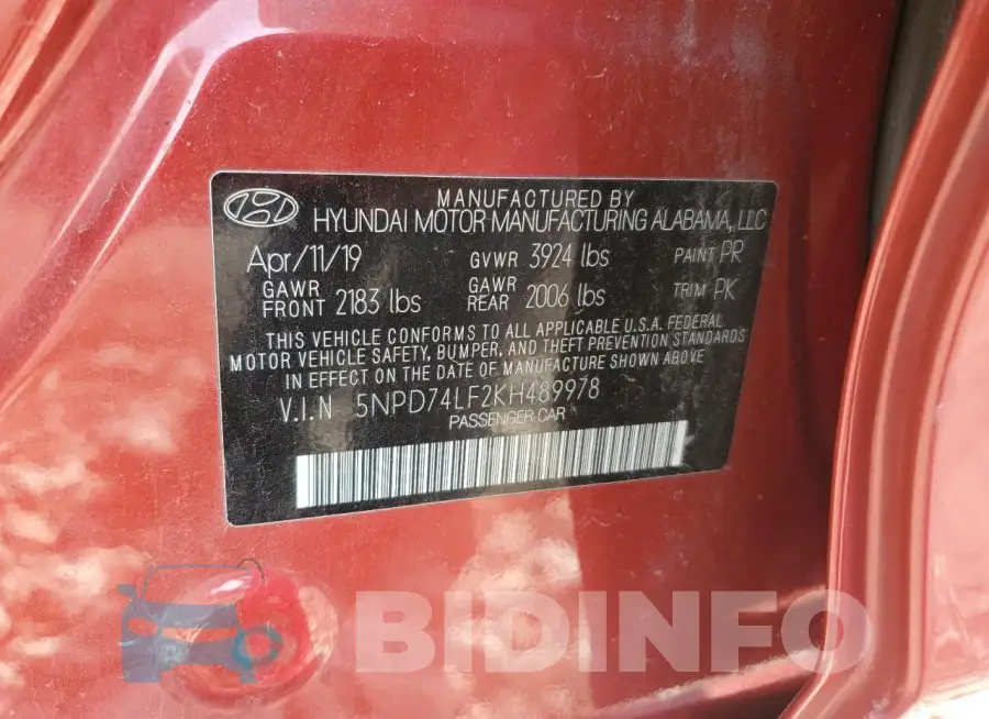 5NPD74LF2KH489978 Photo# 13