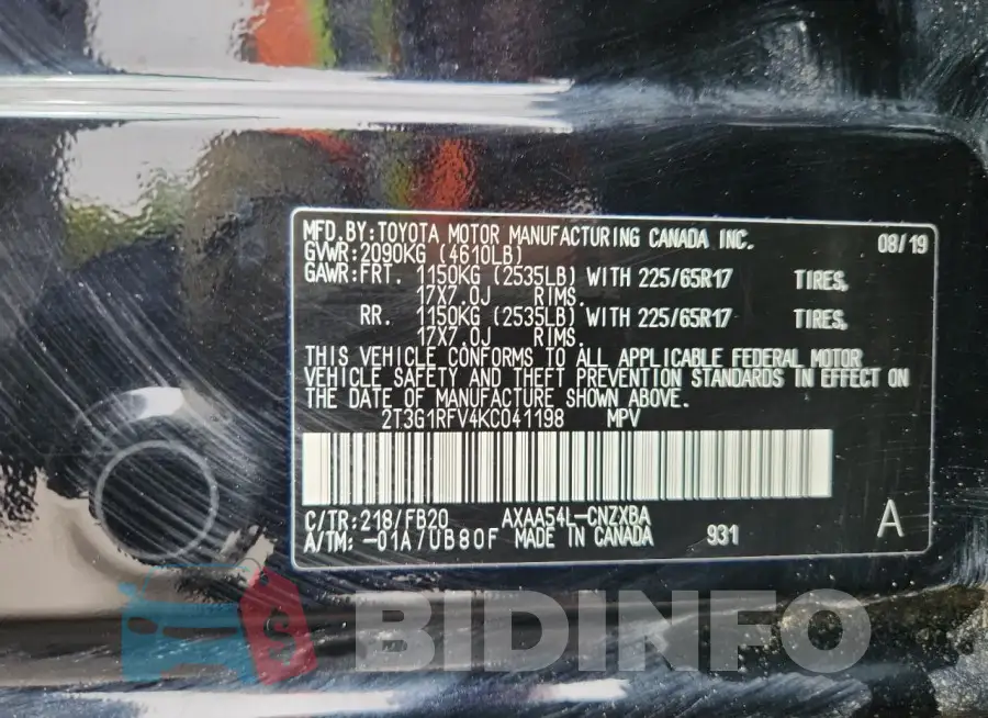 2T3G1RFV4KC041198 Photo# 14