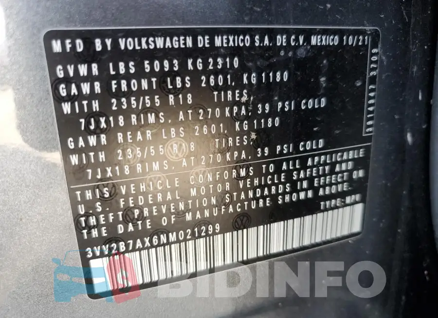 3VV2B7AX6NM021299 Photo# 14