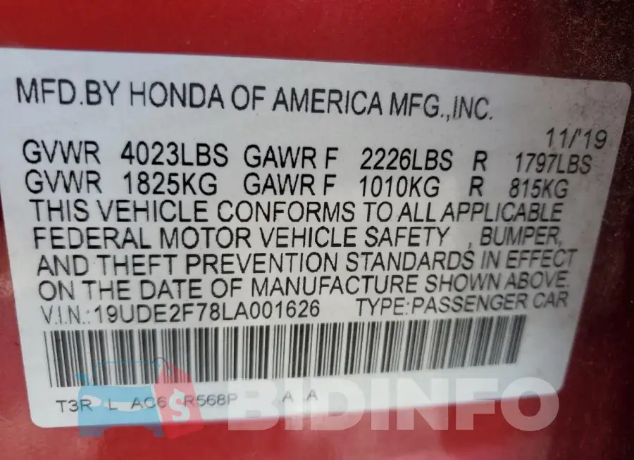 19UDE2F78LA001626 Photo# 12