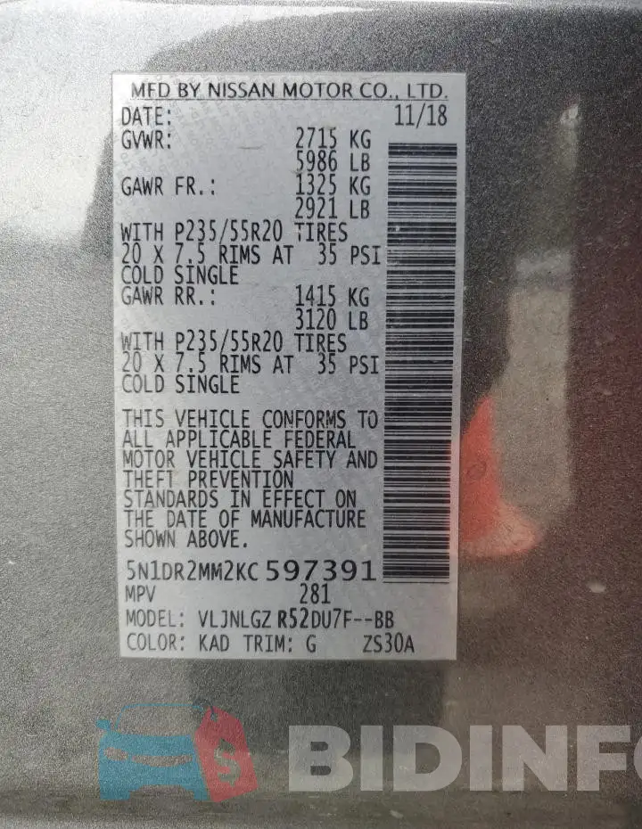 5N1DR2MM2KC597391 Photo# 13