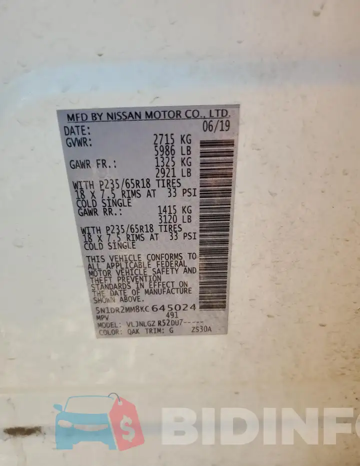 5N1DR2MM8KC645024 Photo# 13