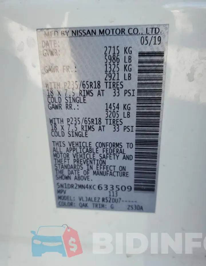 5N1DR2MN4KC633509 Photo# 14
