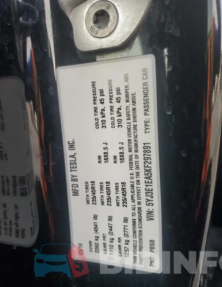 5YJ3E1EA5KF297891 Photo# 12