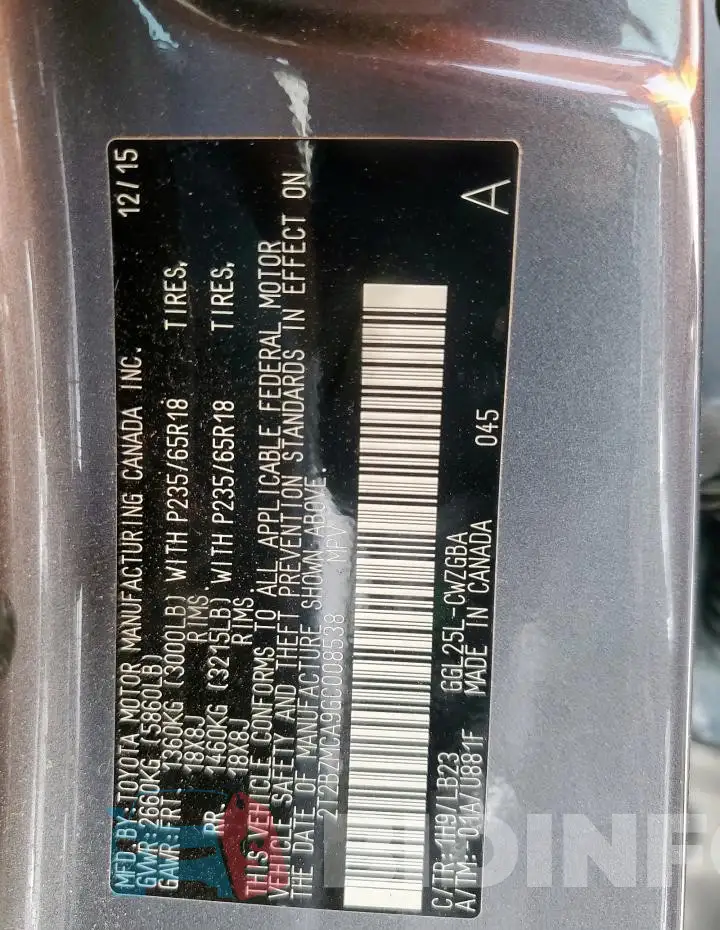 2T2BZMCA9GC008538 Photo# 13
