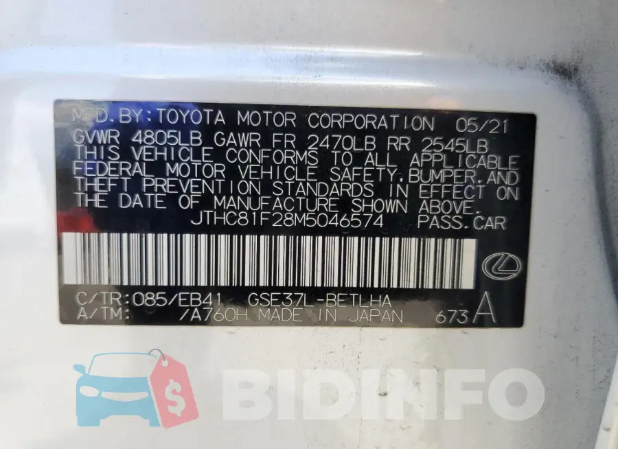 JTHC81F28M5046574 Photo# 12