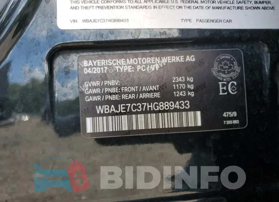 WBAJE7C37HG889433 Photo# 13