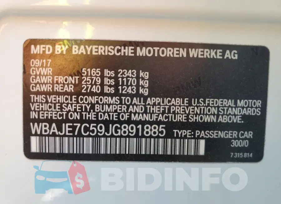 WBAJE7C59JG891885 Photo# 12