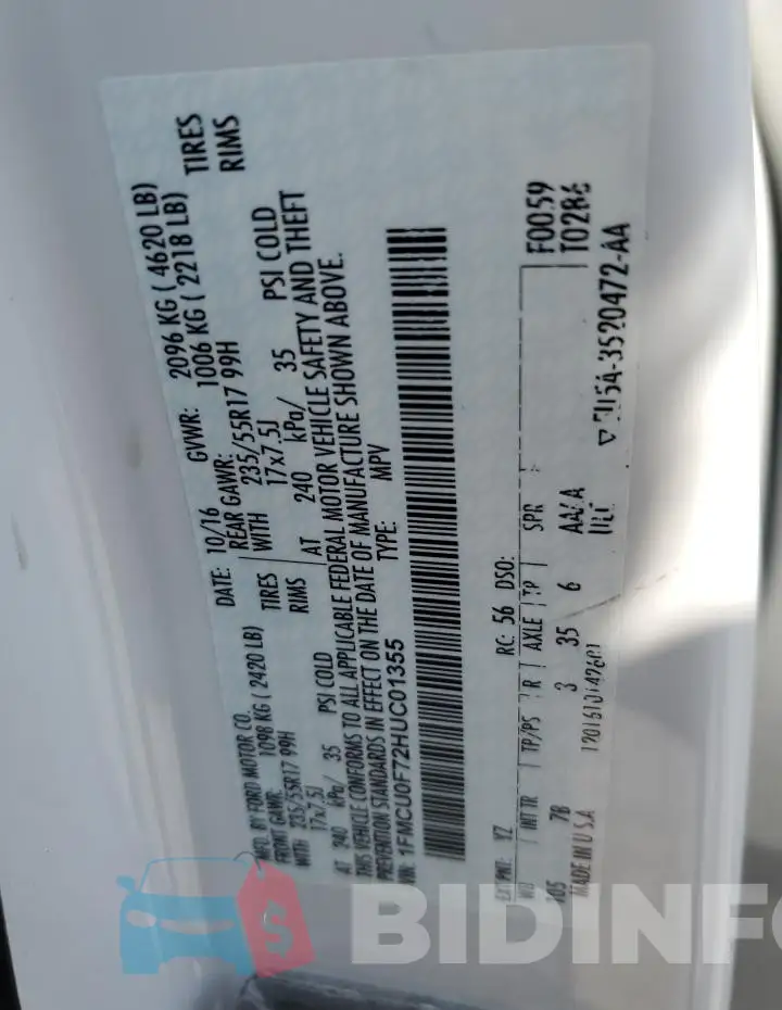 1FMCU0F72HUC01355 Photo# 13