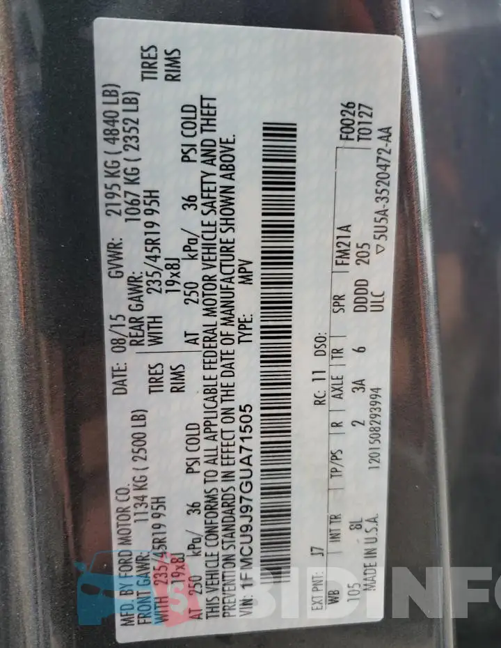 1FMCU9J97GUA71505 Photo# 13
