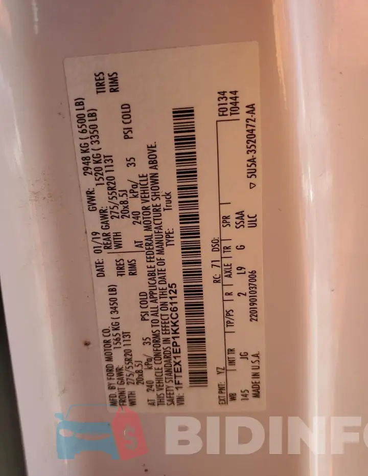 1FTEX1EP1KKC61125 Photo# 12