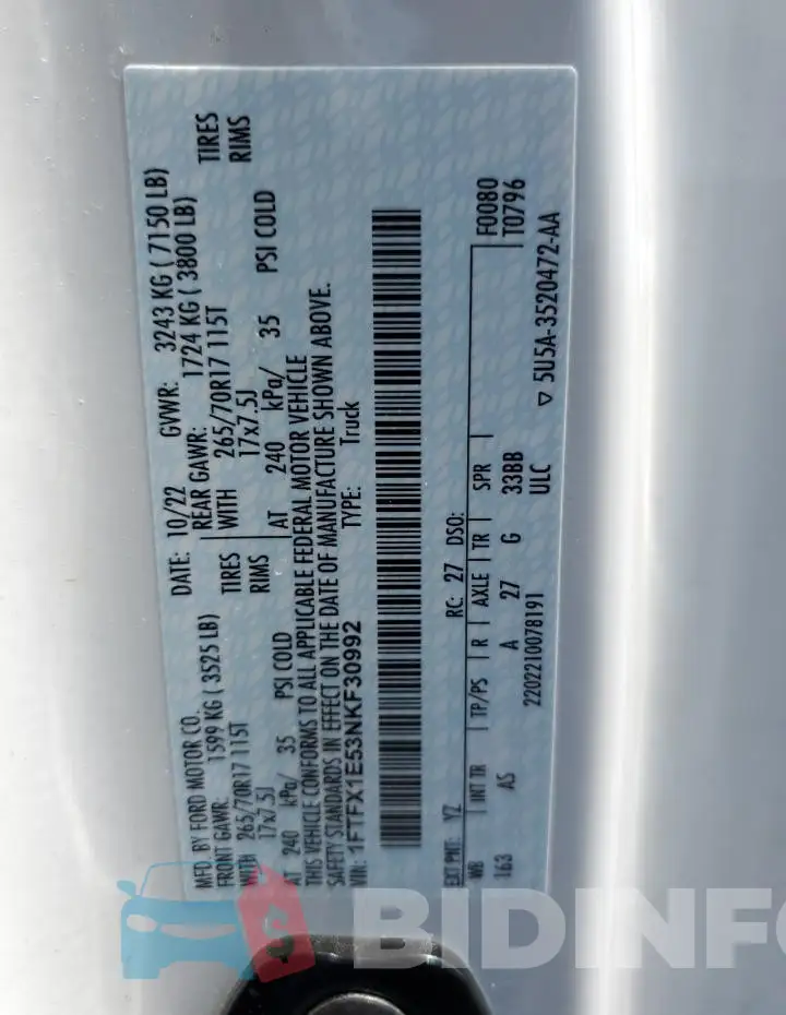 1FTFX1E53NKF30992 Photo# 13