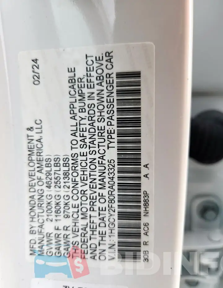 1HGCY2F80RA043325 Photo# 12