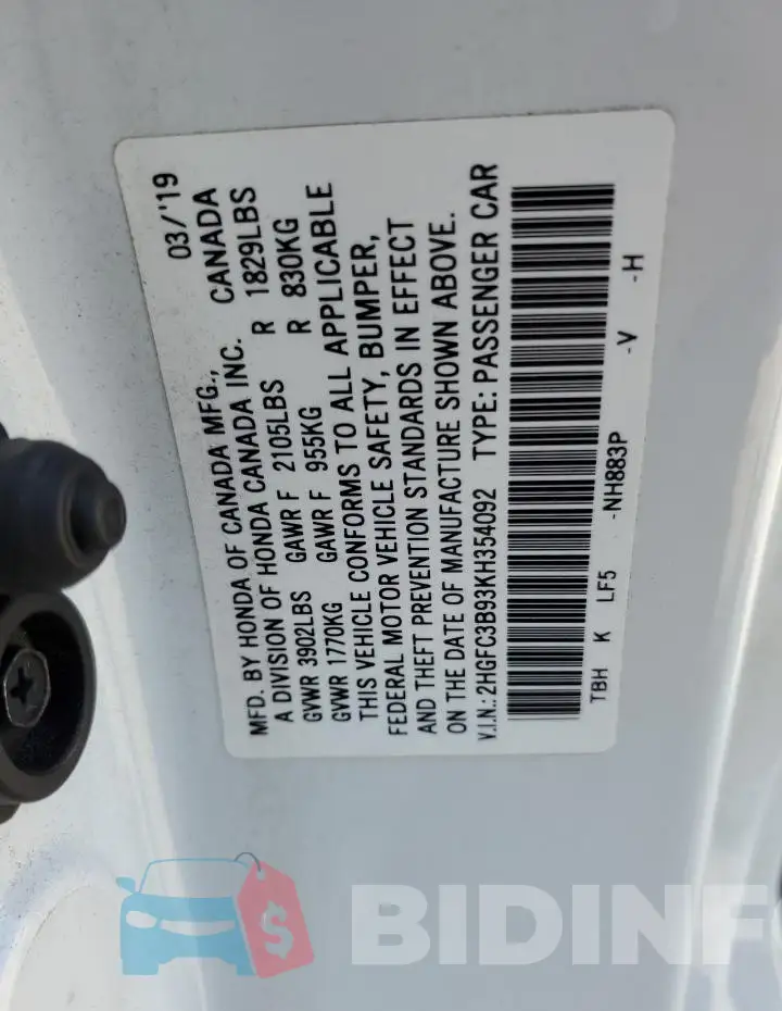 2HGFC3B93KH354092 Photo# 12