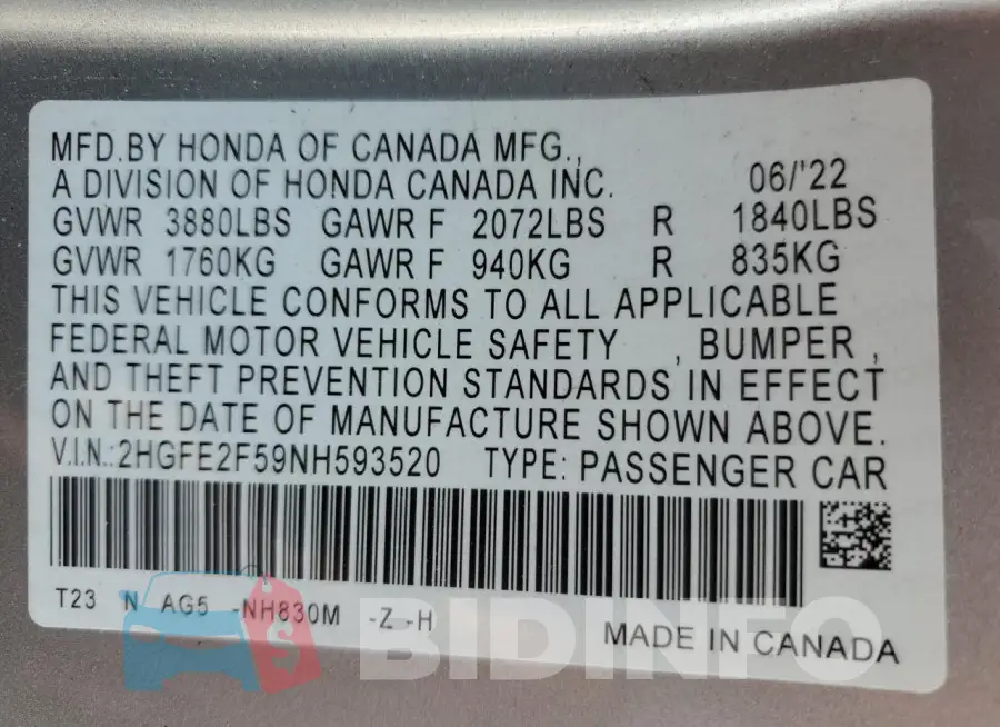 2HGFE2F59NH593520 Photo# 12