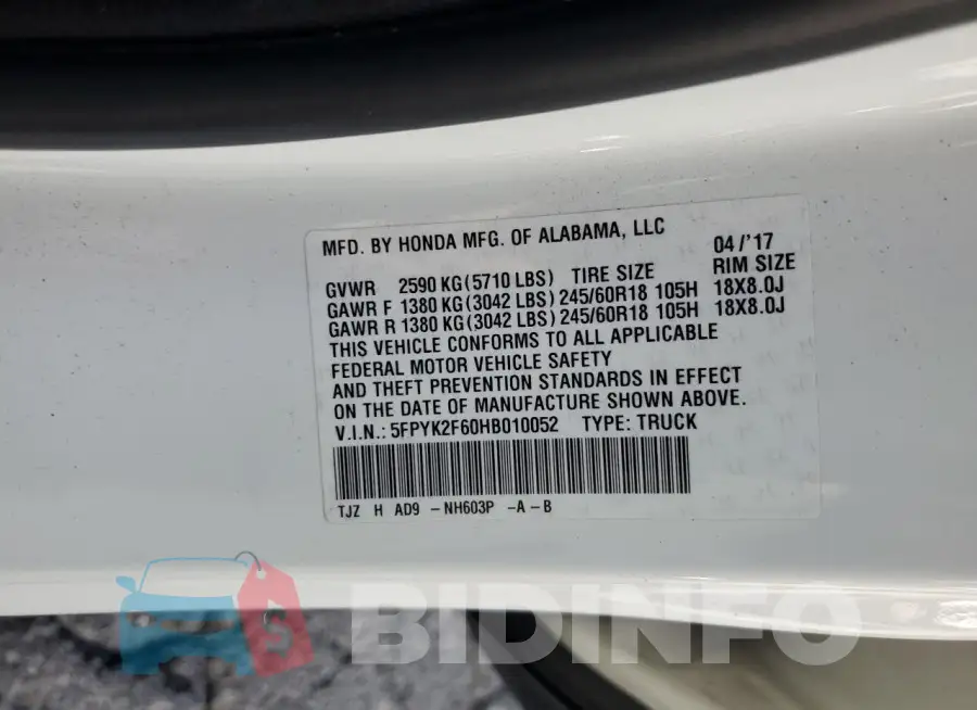 5FPYK2F60HB010052 Photo# 12