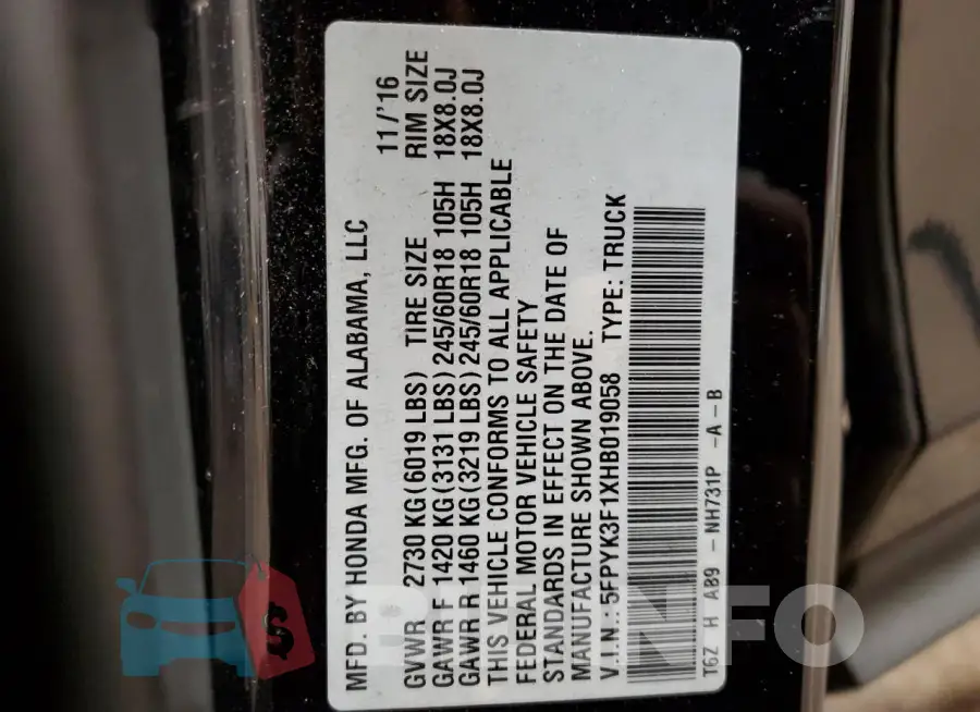 5FPYK3F1XHB019058 Photo# 12
