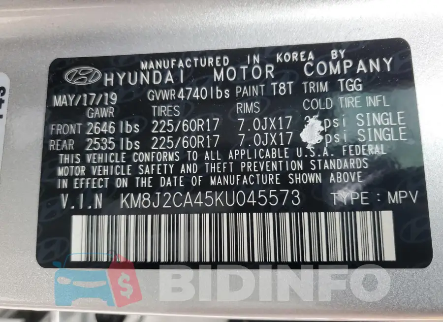 KM8J2CA45KU045573 Photo# 13
