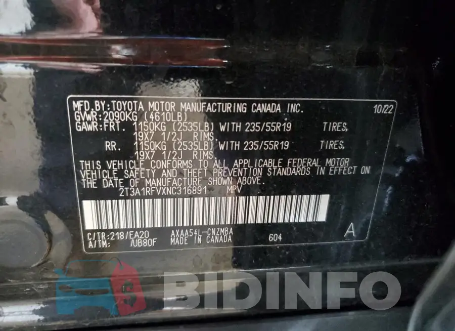2T3A1RFVXNC316891 Photo# 13