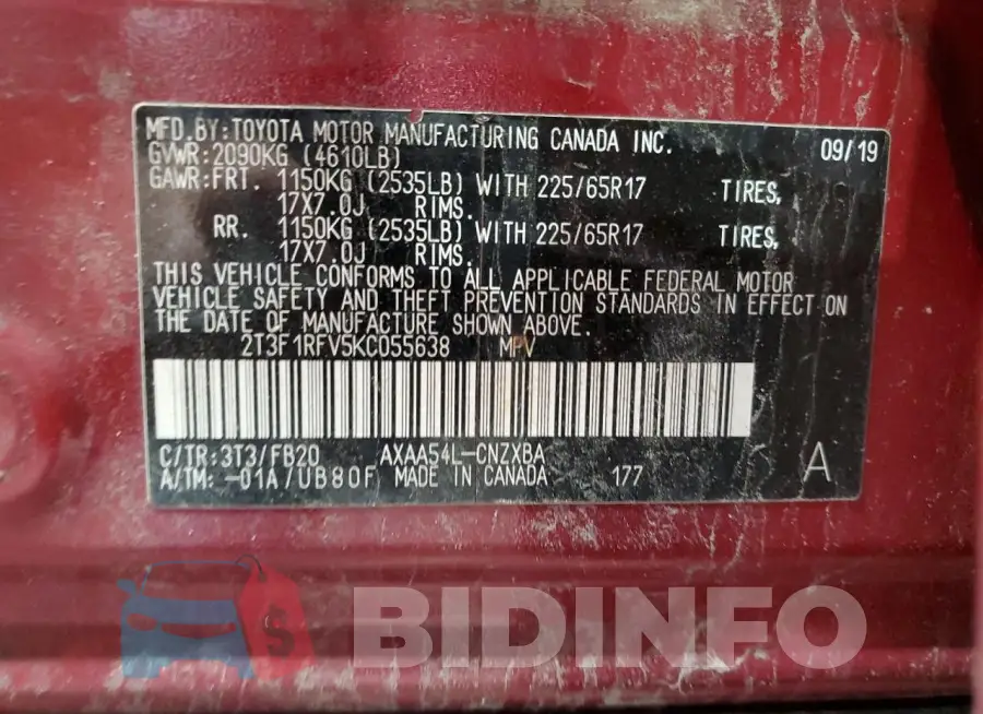 2T3F1RFV5KC055638 Photo# 14
