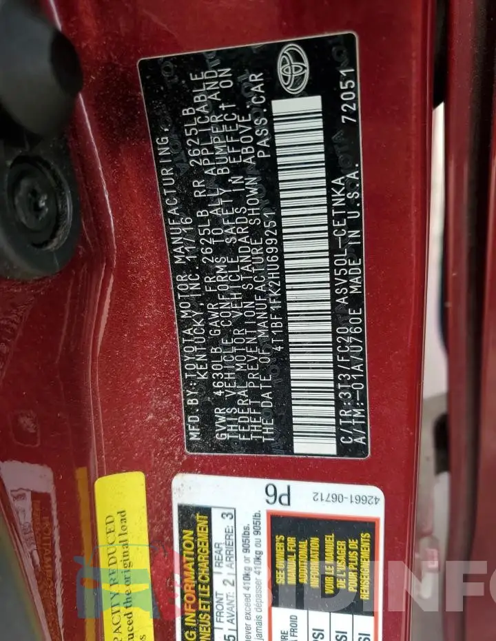 4T1BF1FK2HU699251 Photo# 12