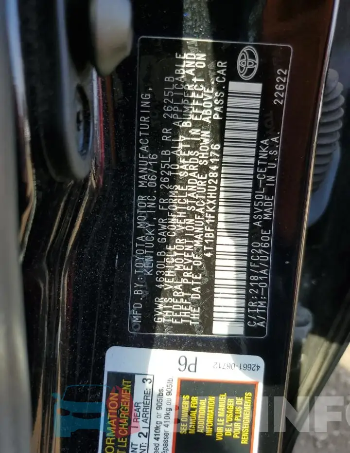4T1BF1FKXHU284176 Photo# 12