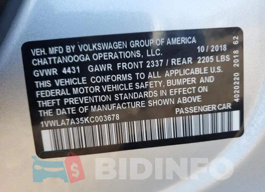 1VWLA7A35KC003678 Photo# 13