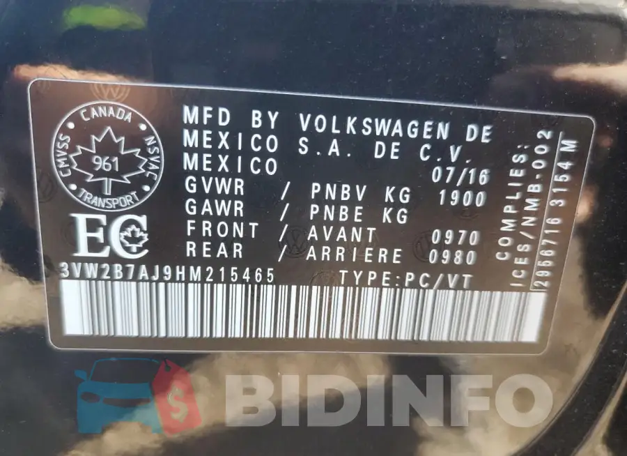 3VW2B7AJ9HM215465 Photo# 13