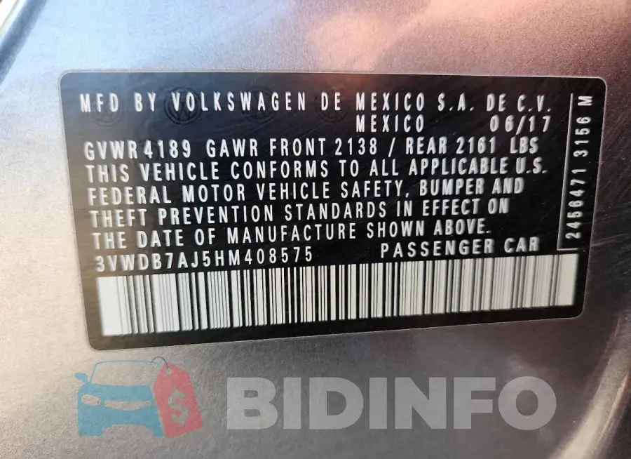 3VWDB7AJ5HM408575 Photo# 12