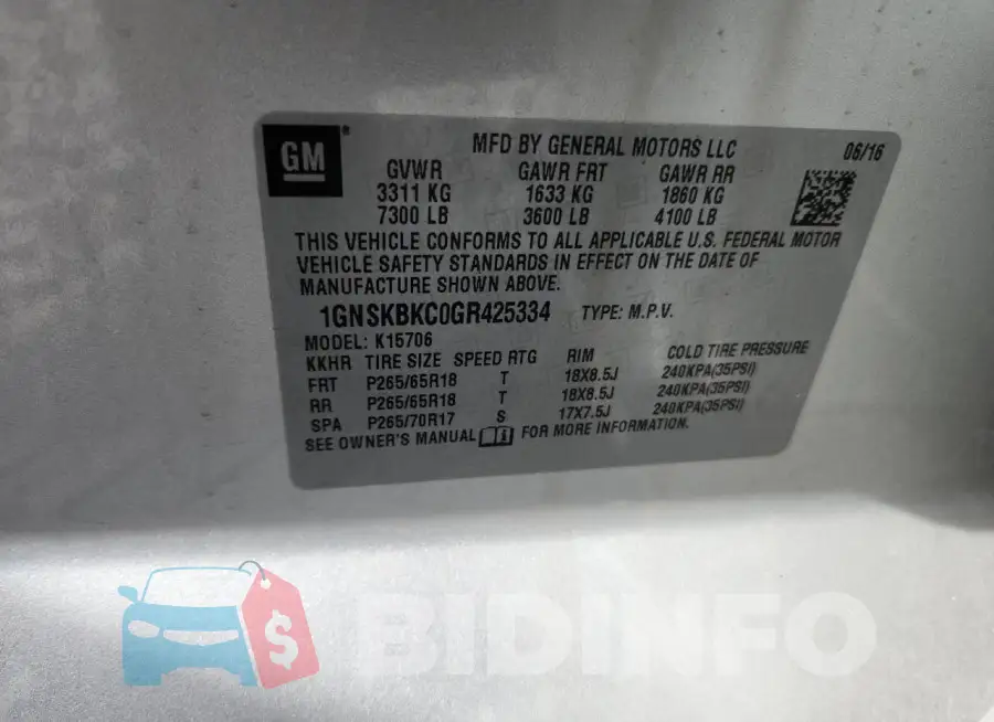 1GNSKBKC0GR425334 Photo# 13