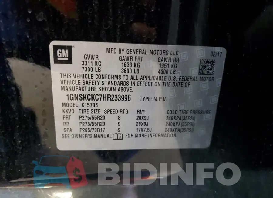 1GNSKCKC7HR233996 Photo# 14