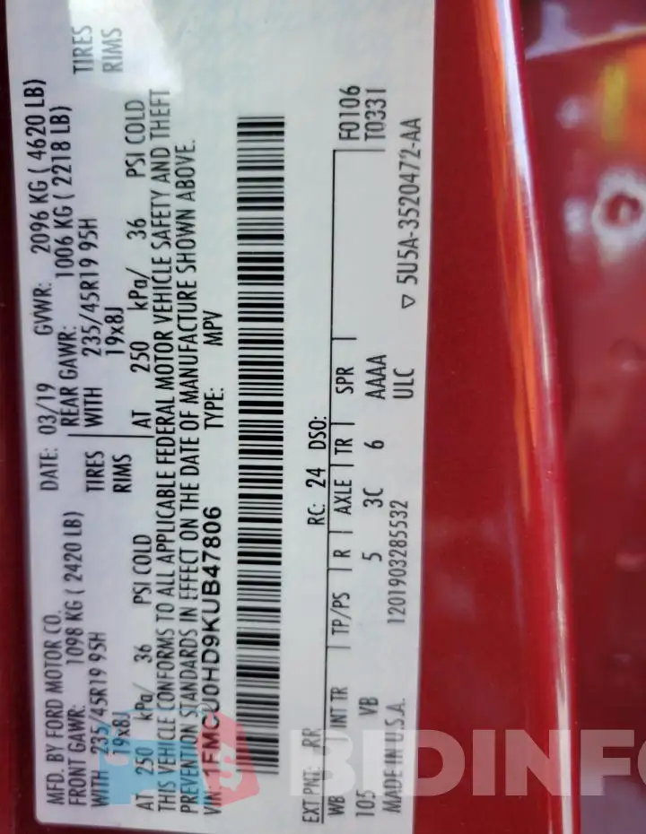 1FMCU0HD9KUB47806 Photo# 13