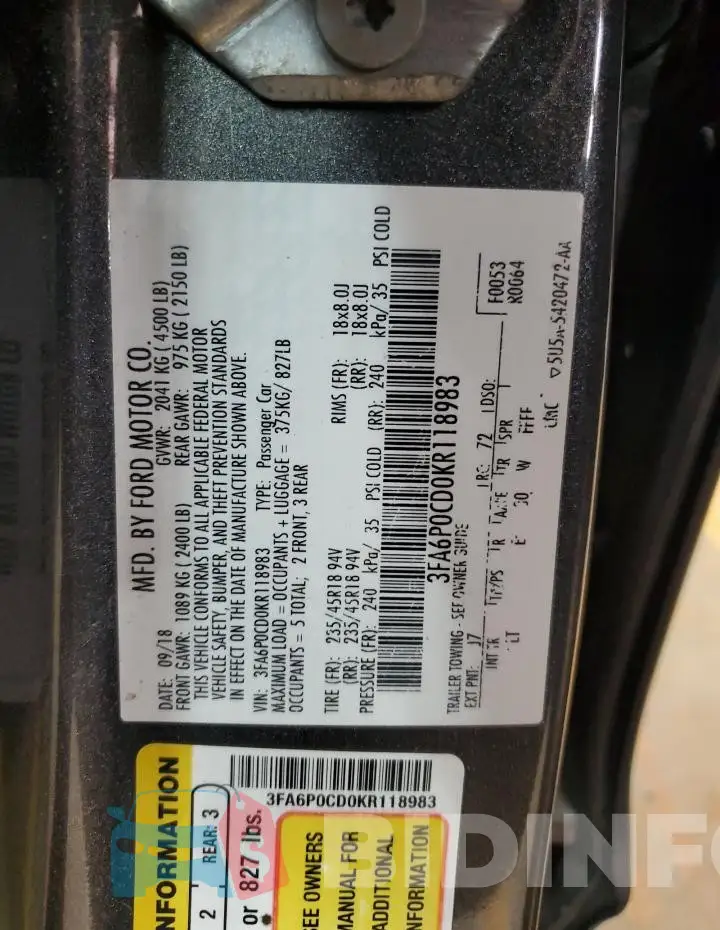 3FA6P0CD0KR118983 Photo# 12