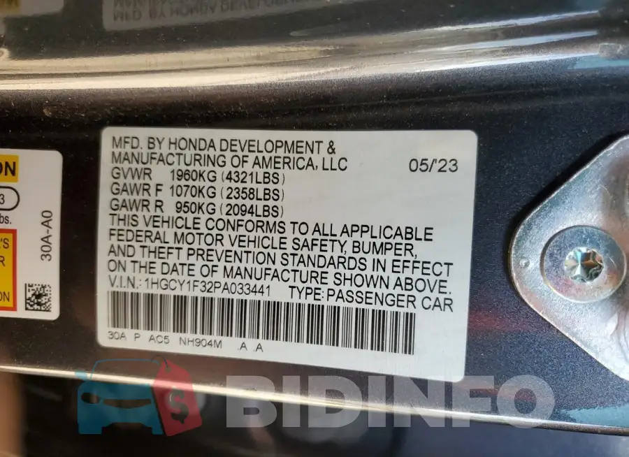 1HGCY1F32PA033441 Photo# 12