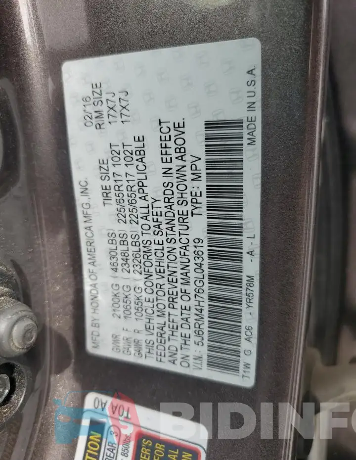 5J6RM4H76GL043619 Photo# 13