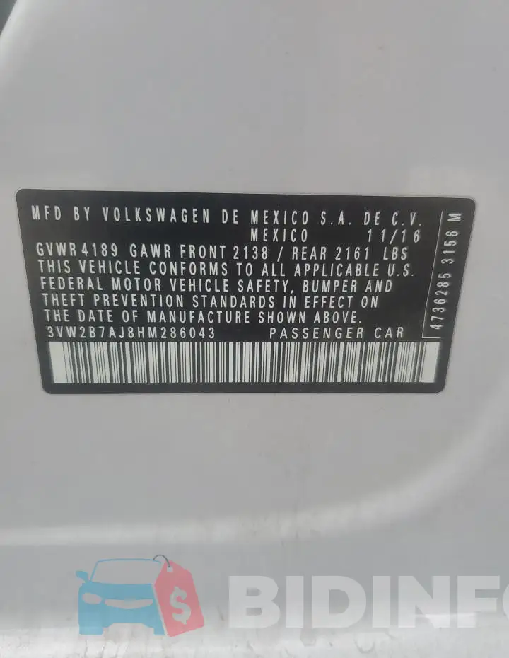 3VW2B7AJ8HM286043 Photo# 13