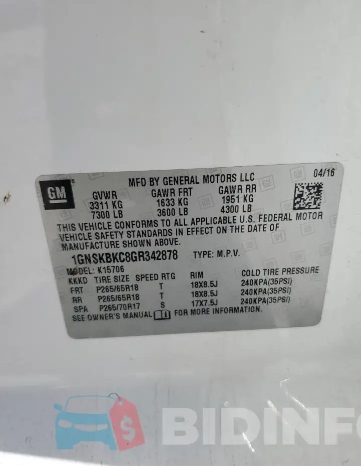 1GNSKBKC8GR342878 Photo# 13
