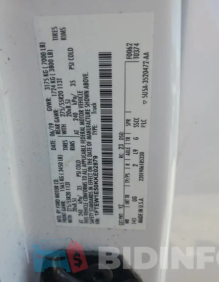 1FTEW1E50KKE02879 Photo# 12