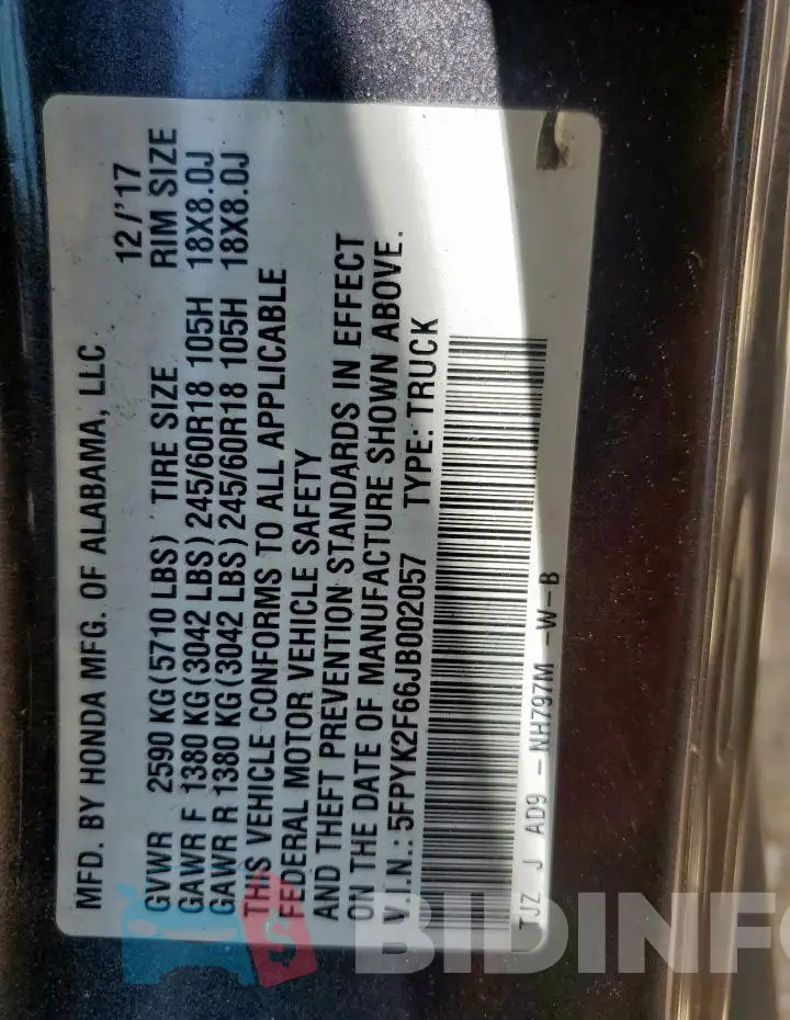 5FPYK2F66JB002057 Photo# 12