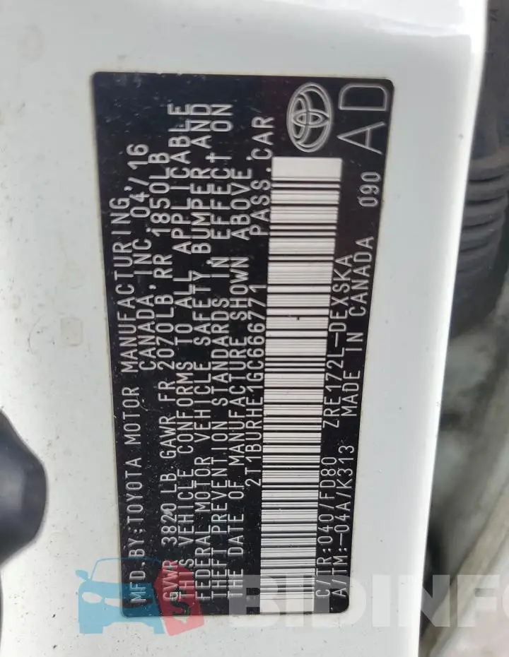 2T1BURHE1GC666771 Photo# 13